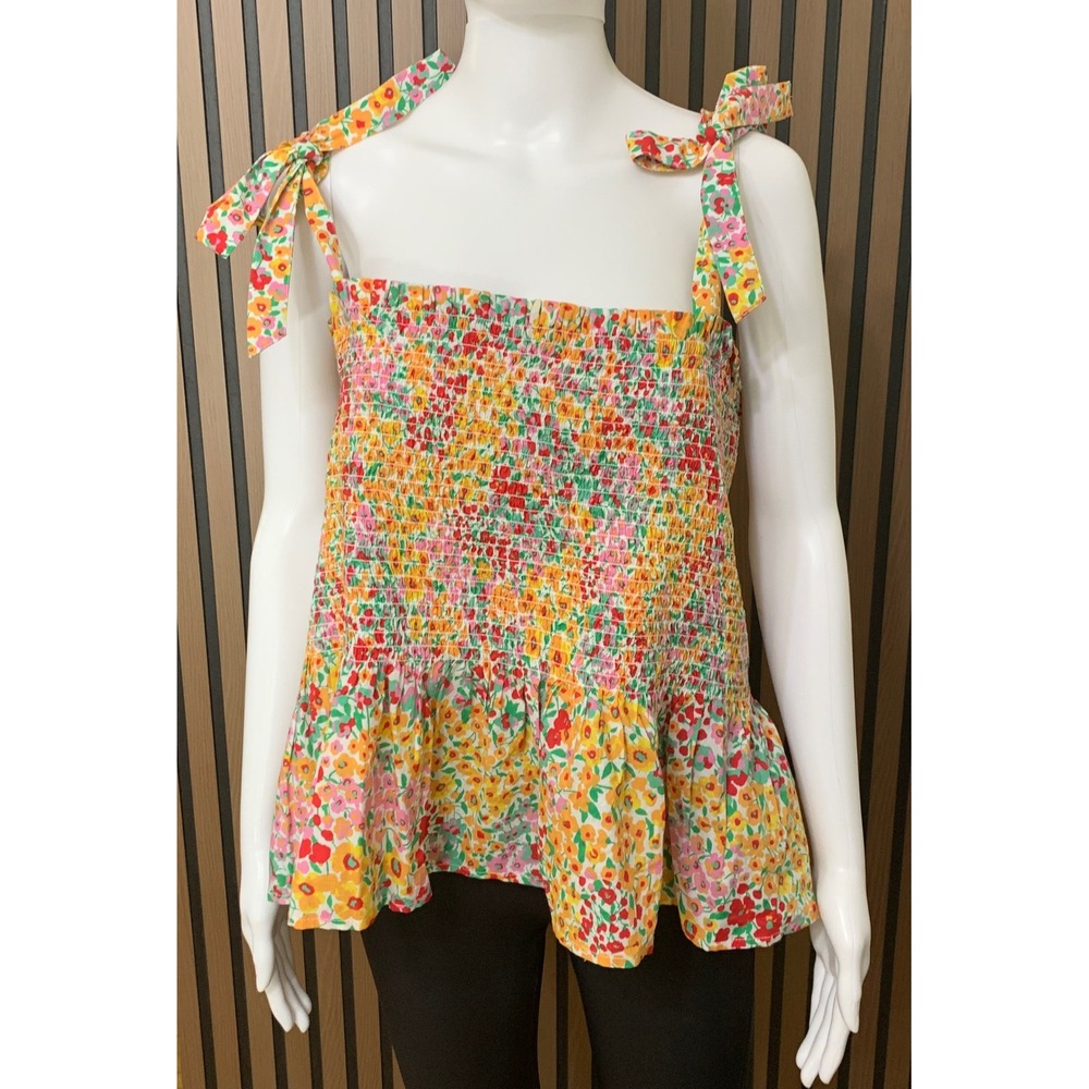 J.Crew Women's 2X Floral Smocked Tie Shoulder Peplum Camisole Top Multi-Color